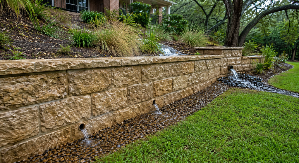 Water drains through weep holes in a limestone retaining wall after rain in Fort Worth.
