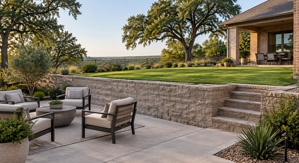 Concrete retaining wall separates a raised lawn from a furnished patio beside a brick home.