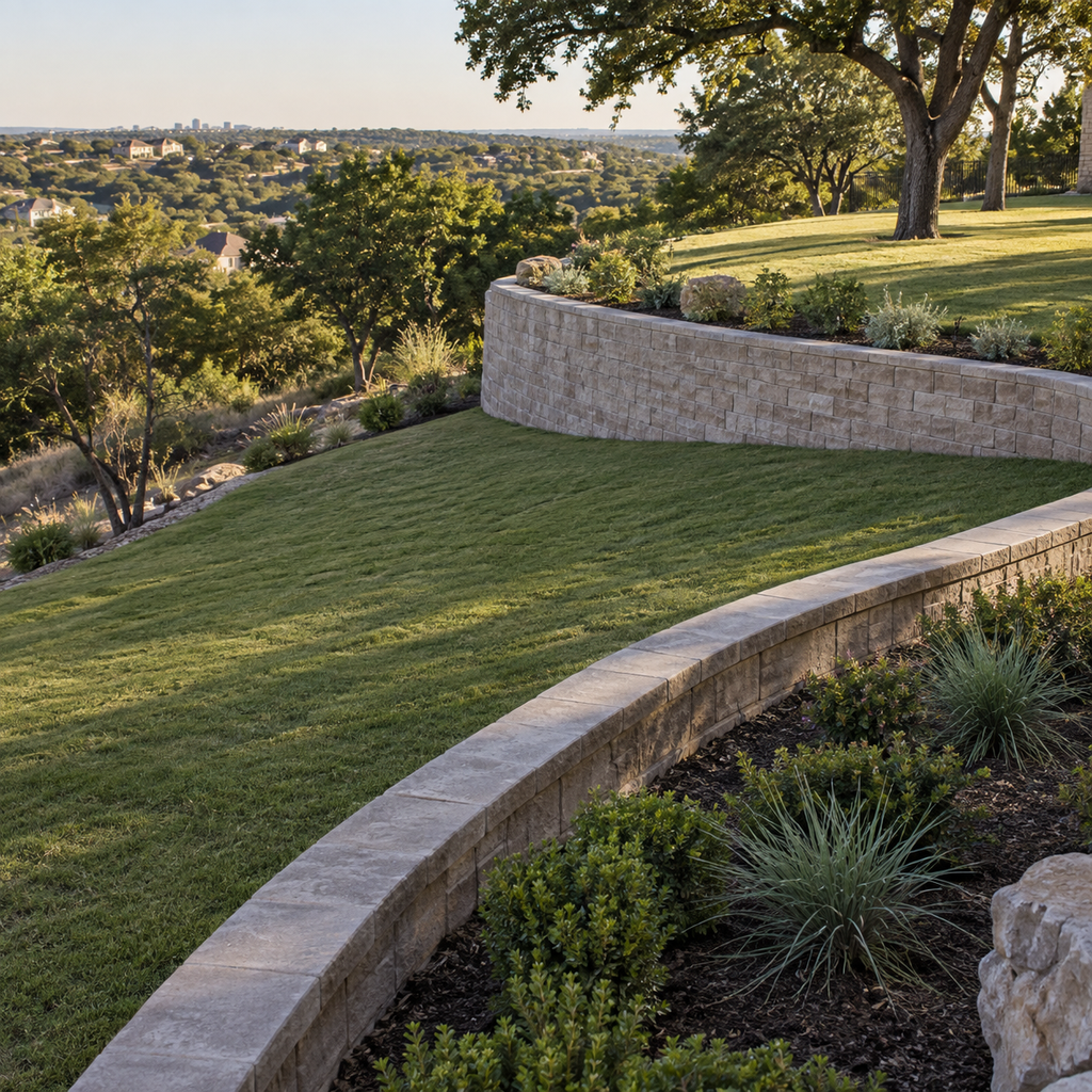 Curved concrete block retaining walls form broad grassy terraces across a sloping yard.