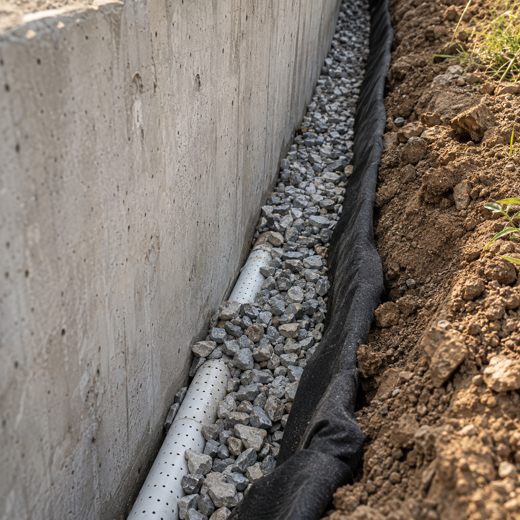 Perforated drainpipe set in gravel beside filter fabric behind a concrete retaining wall.