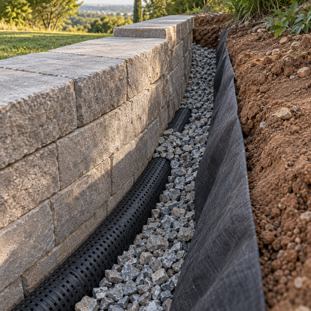 Perforated drainage pipe rests in gravel behind a concrete block wall, with filter fabric separating the soil.
