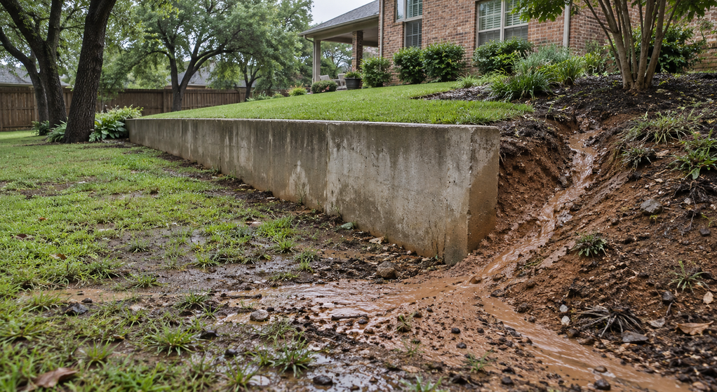 Muddy runoff cuts an erosion channel around the end of a concrete retaining wall beside a lawn.