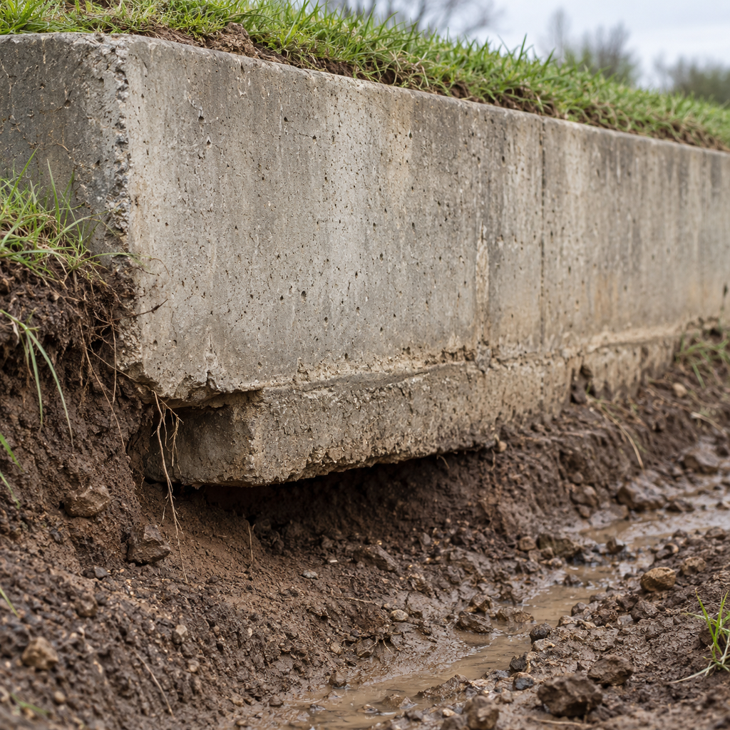 Eroded soil exposes a concrete retaining-wall footing and a cavity beneath its edge.