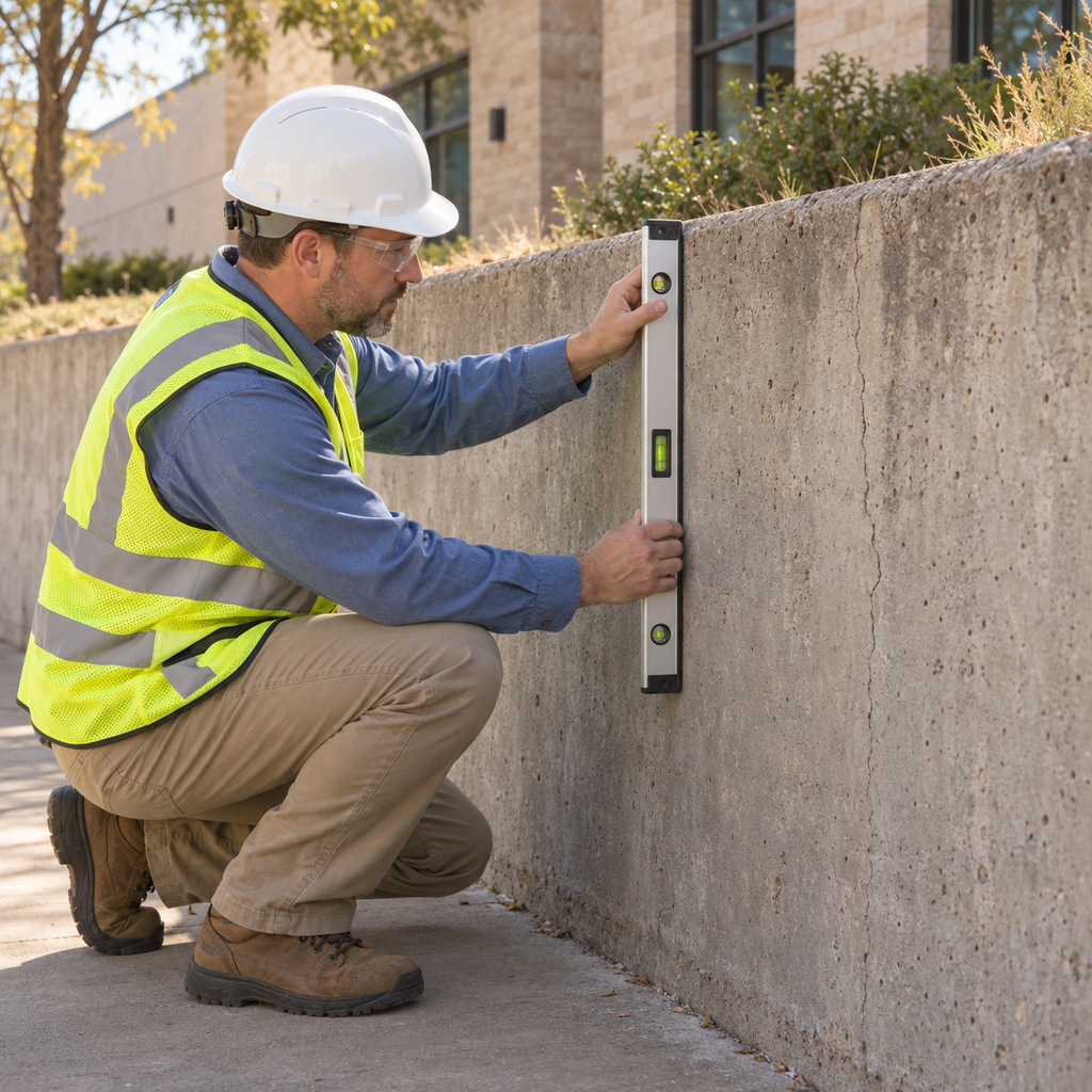 Inspector using a spirit level to check a concrete retaining wall with a visible crack.