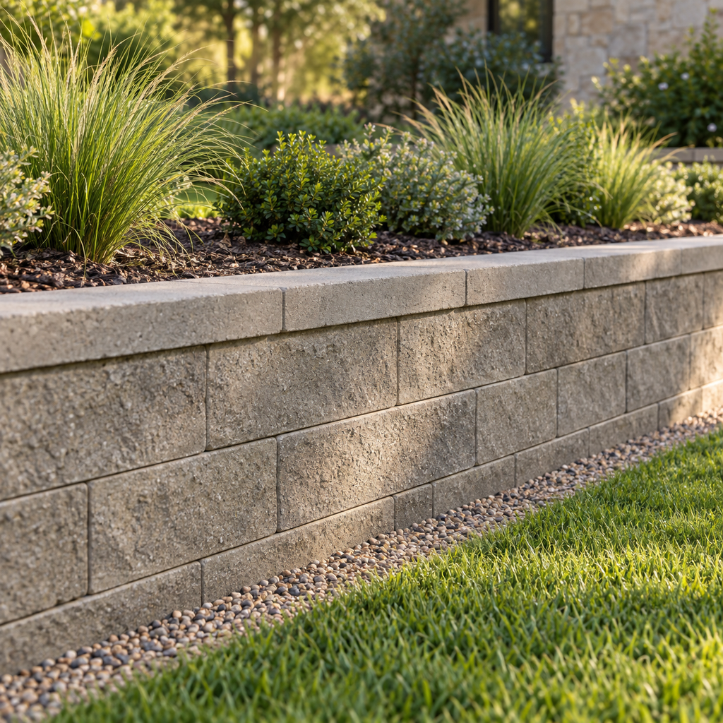 Ornamental grasses and compact shrubs grow above a retaining wall with its masonry face left exposed.