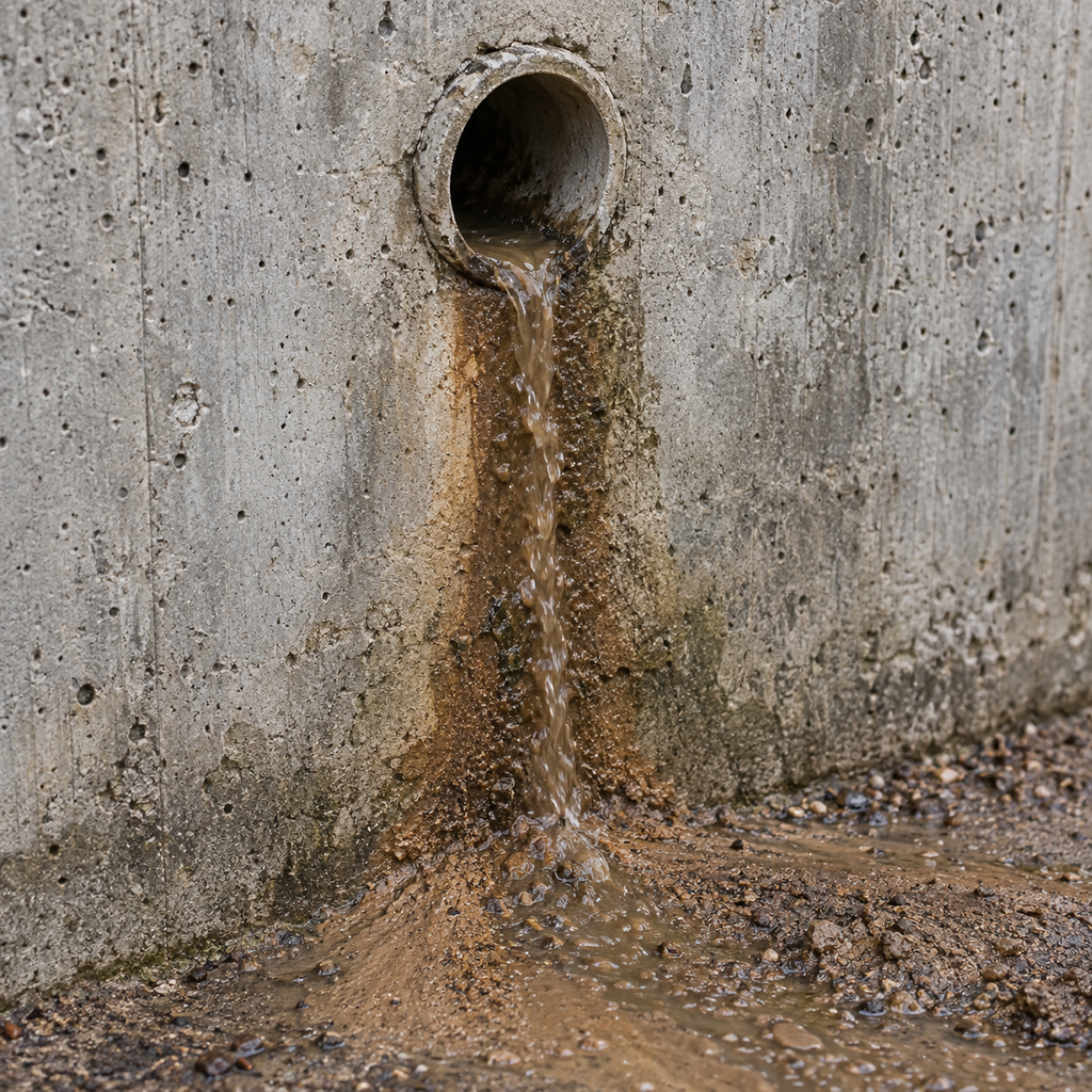 Muddy water exits a retaining-wall drain opening, leaving a brown streak and sediment below.