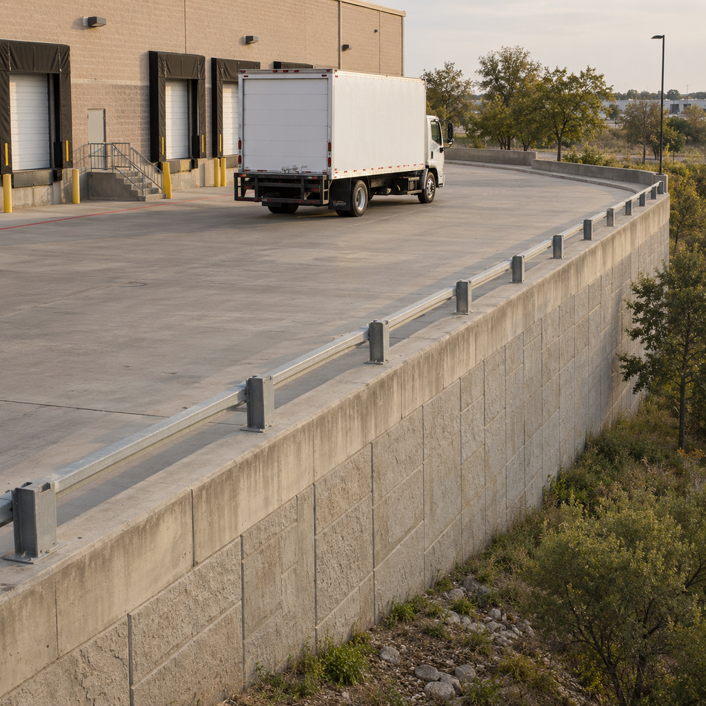 Delivery truck on an elevated commercial loading lane supported by a retaining wall.