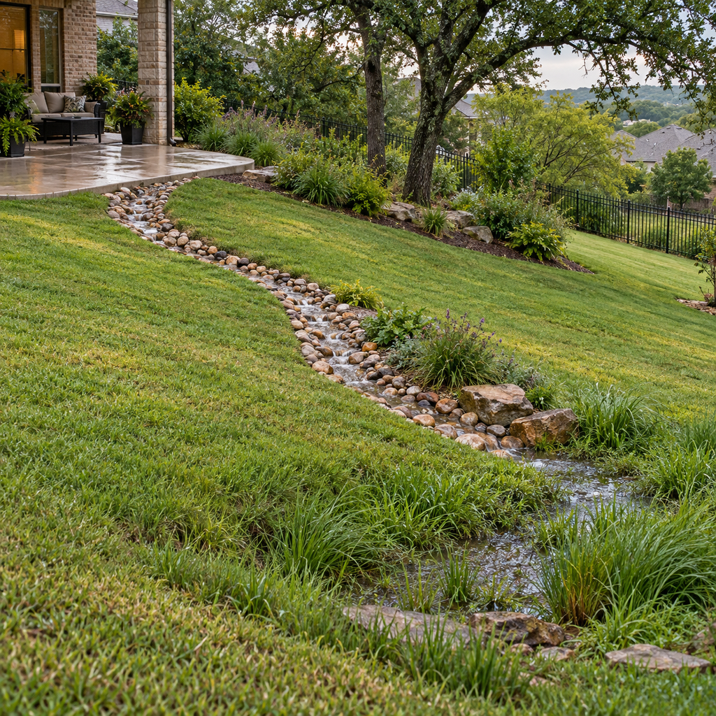 A stone-lined drainage swale carries runoff away from a concrete patio toward a planted low area.