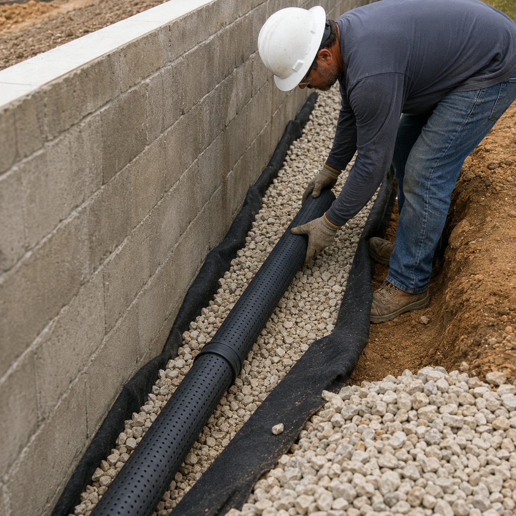 Worker positions perforated pipe within gravel and filter fabric behind a retaining wall.