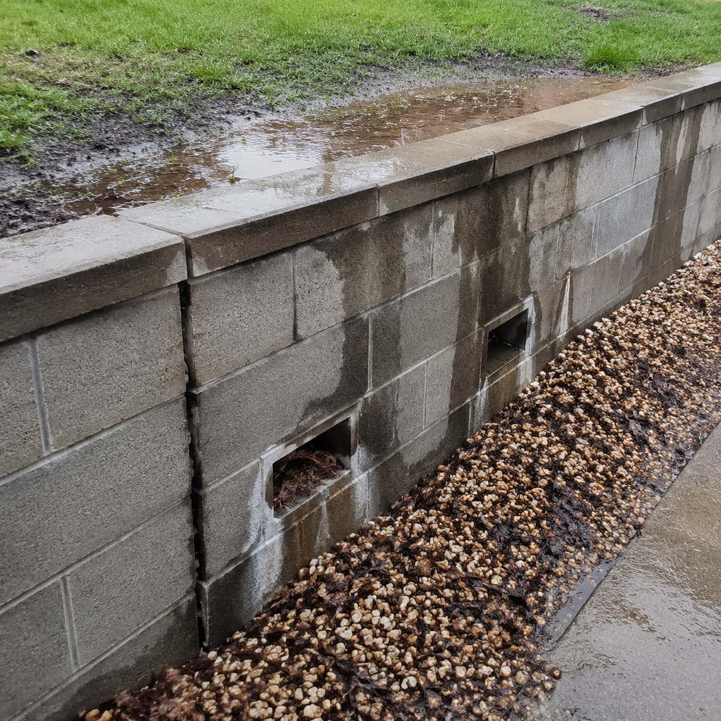 Blocked wall outlets, water stains, and standing runoff reveal drainage failure.