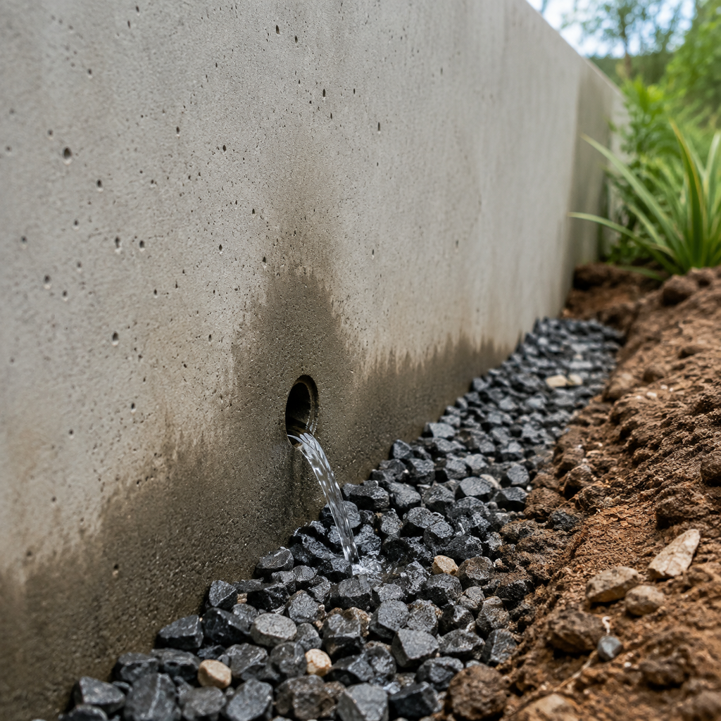 Clear water exits a concrete retaining wall weep hole onto clean gravel.