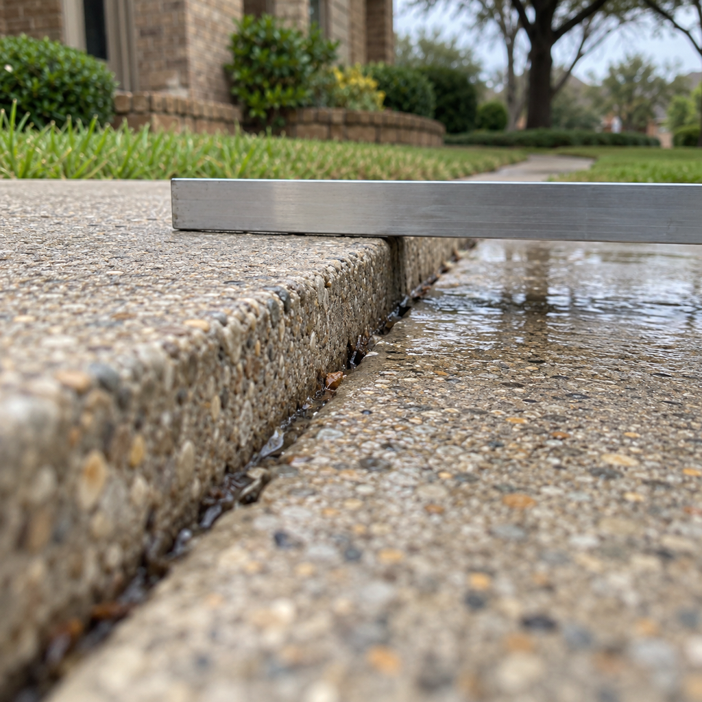 An aluminum straightedge reveals a height difference between concrete panels, with water on the lower side.