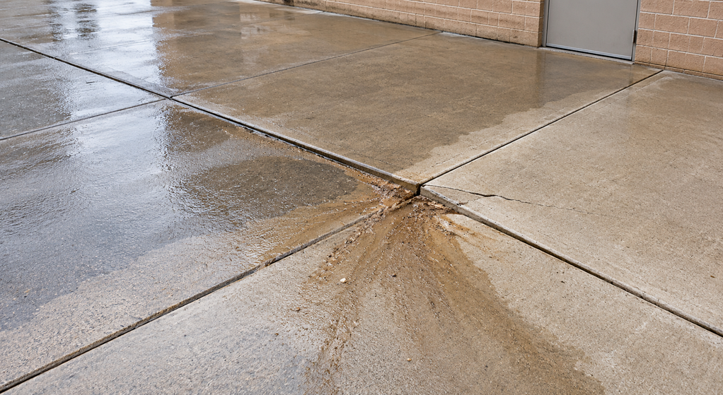 Elevated view of wet concrete panels with uneven joints, a small crack, and muddy sediment trails.