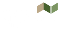 Abstract logo with tan, green, and olive coloured geometric shapes.