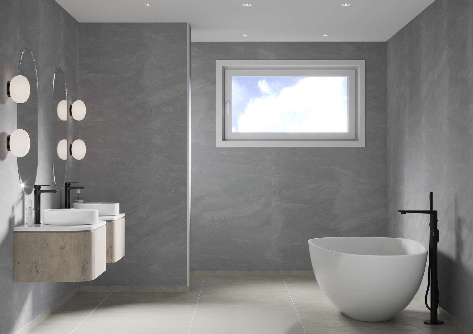 Modern gray bathroom with a floating vanity, soaking tub, and window.