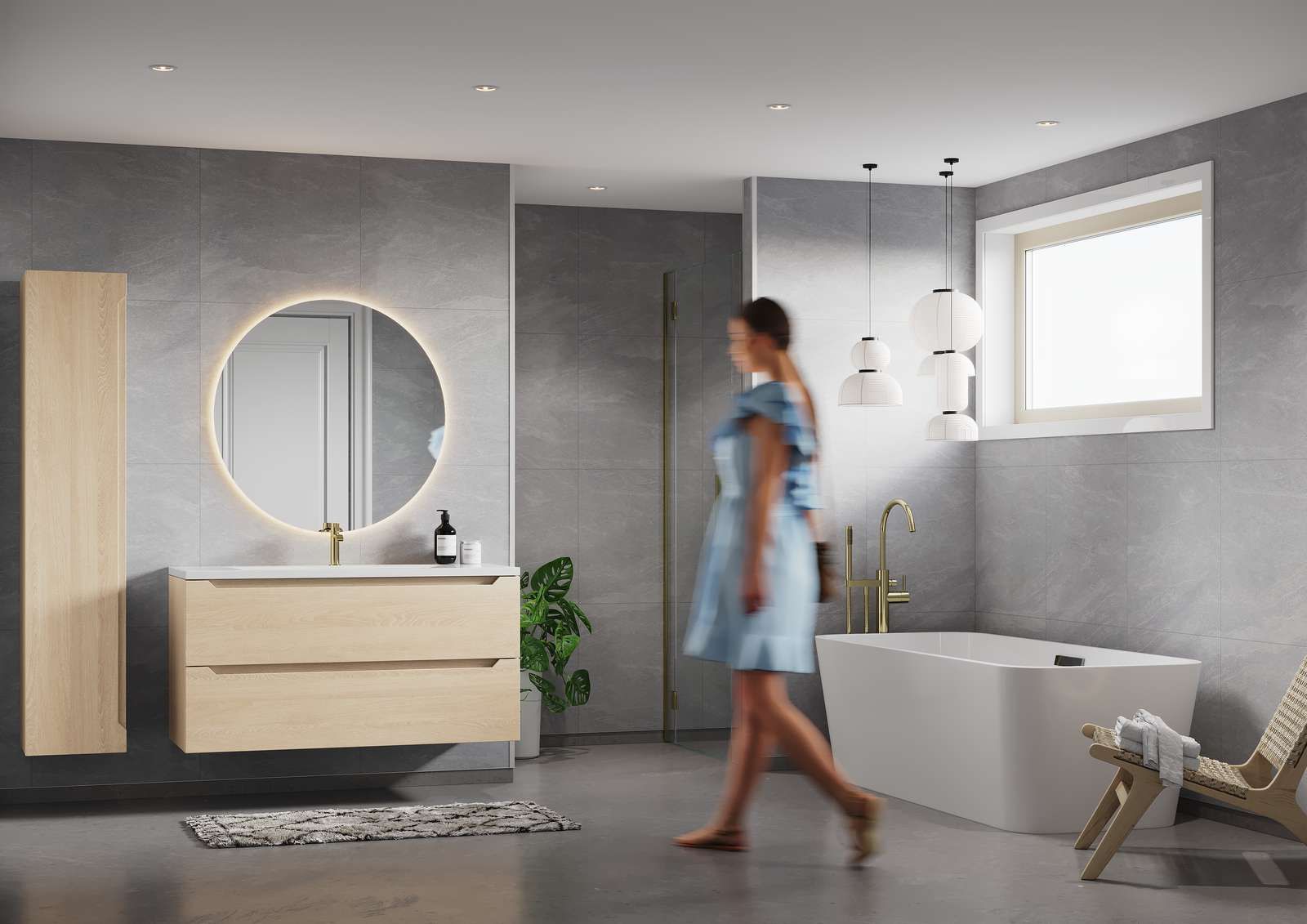 Bathroom with woman walking past vanity, bathtub, and neutral color scheme.