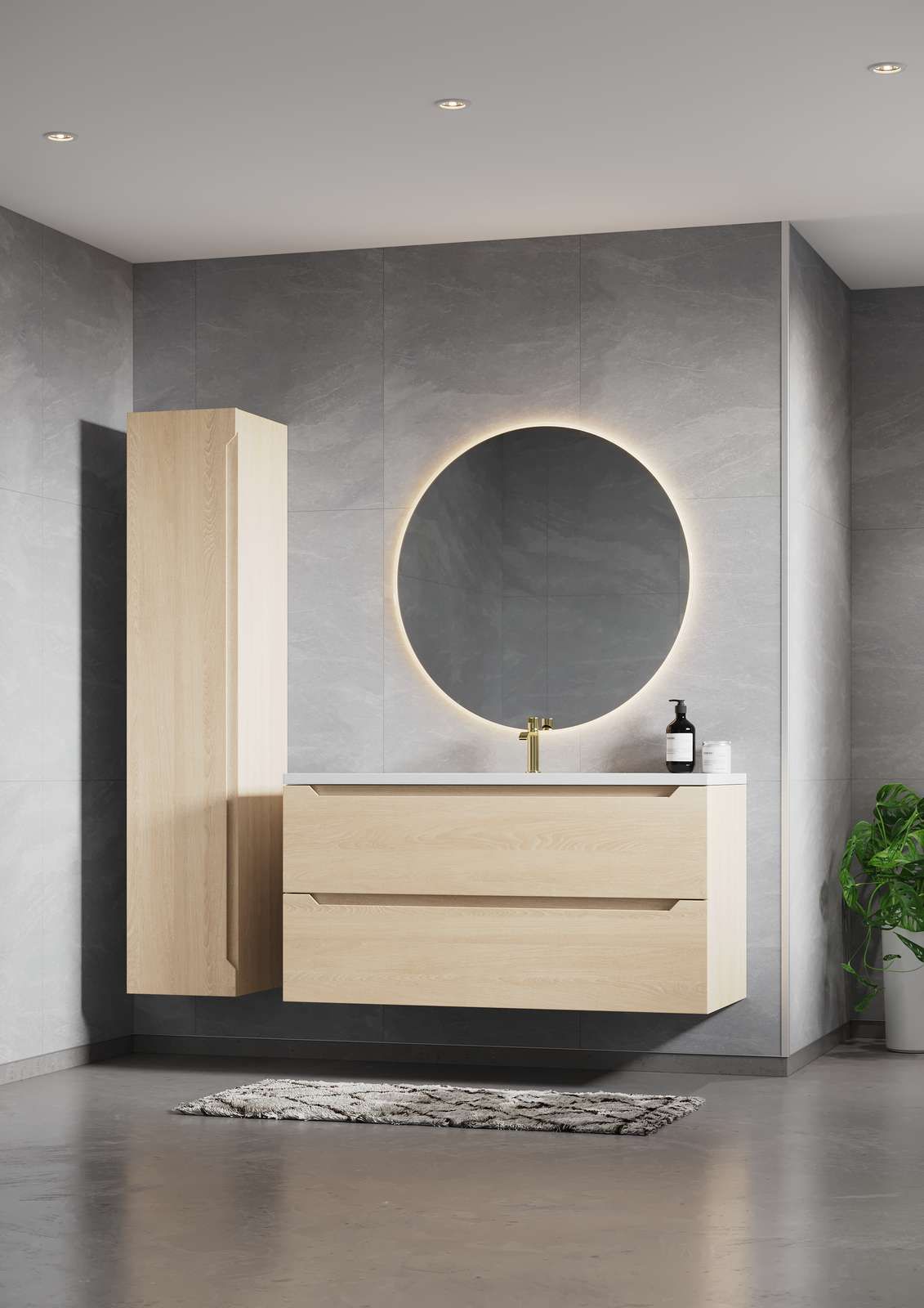Modern bathroom with light wood vanity, round mirror with light, and tall cabinet.