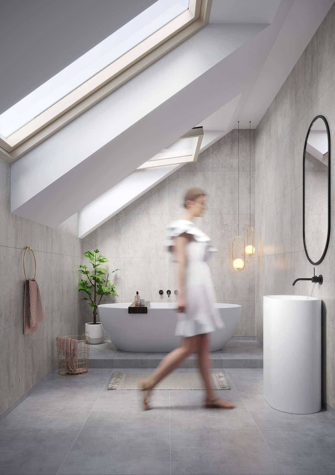 Bathroom with a skylight, a person walking past a freestanding tub, sink, and mirror.