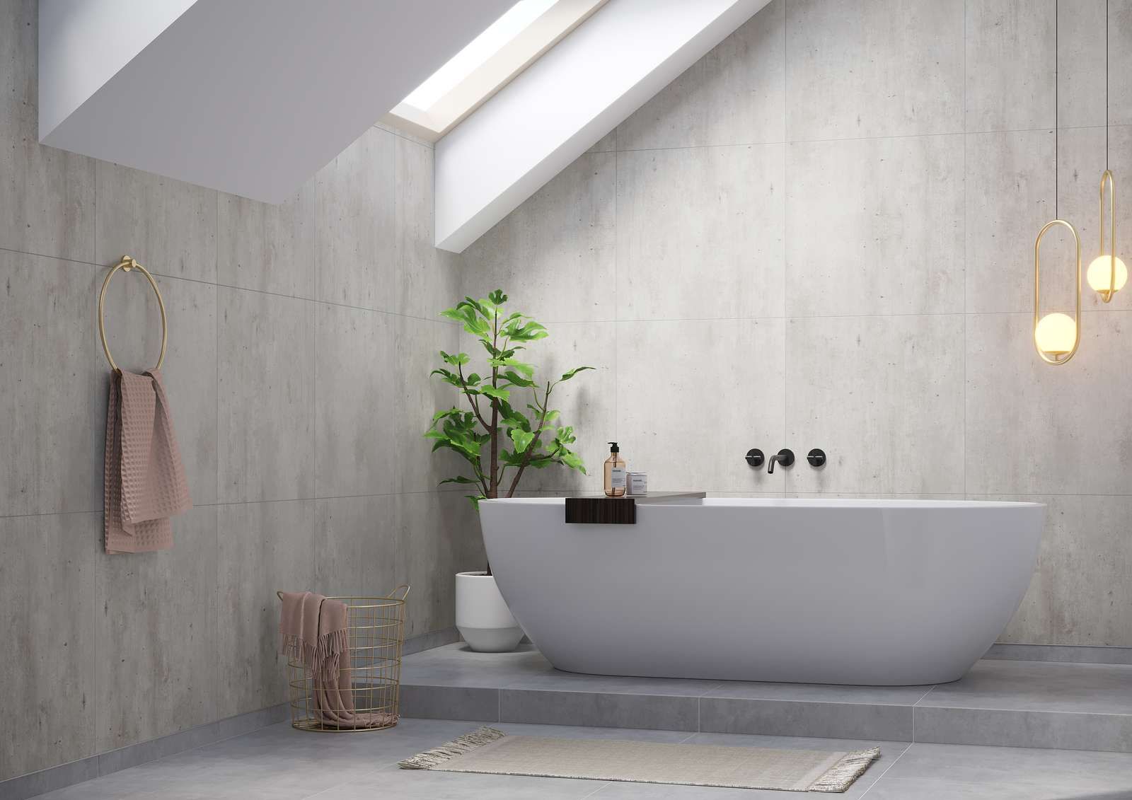 Modern bathroom with a white bathtub, skylight, and potted plant.