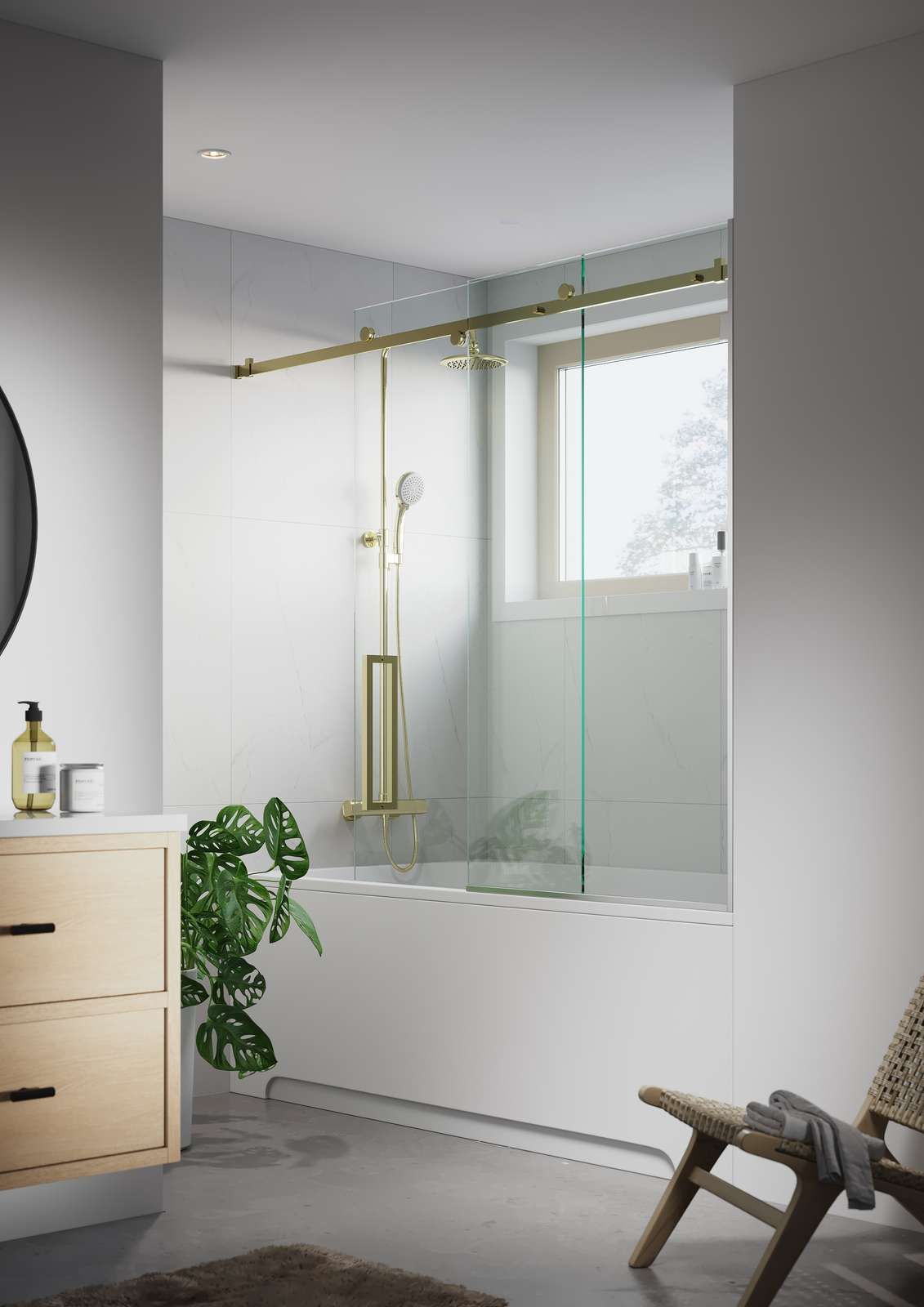 Bathroom with a bathtub, glass shower screen, and gold fixtures. Wooden cabinet and chair.
