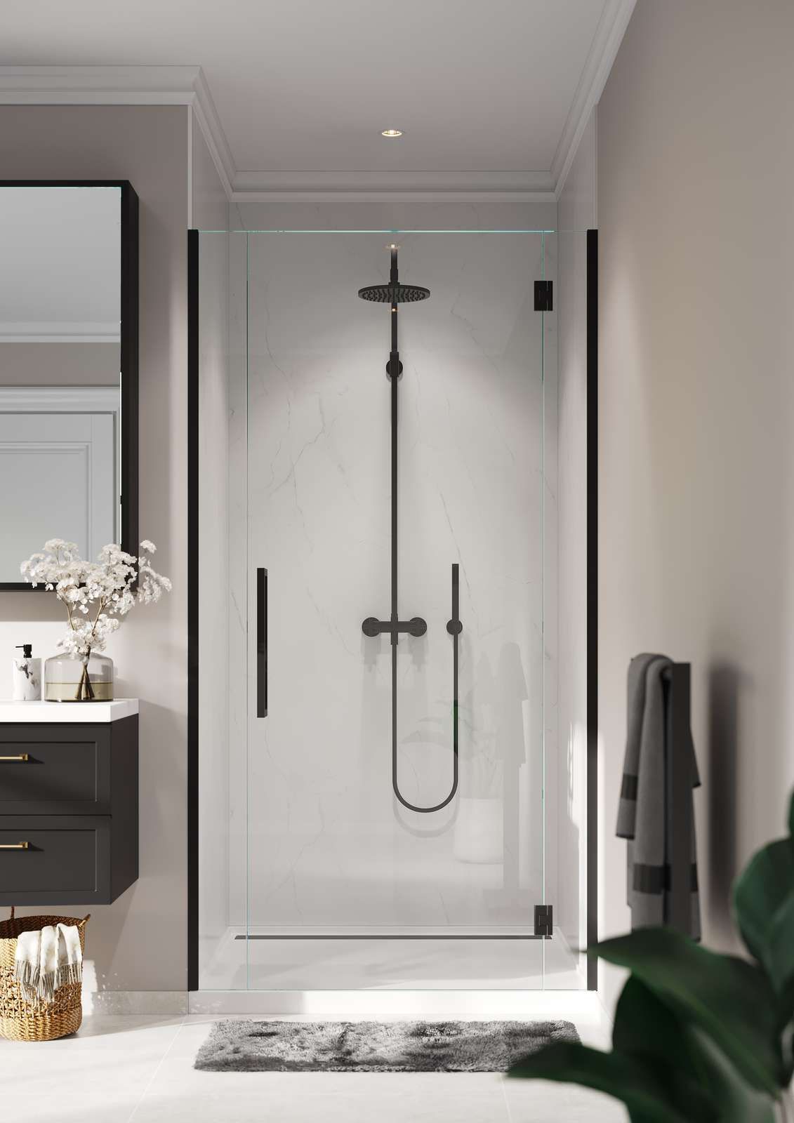 Modern bathroom with a glass shower door and black fixtures.