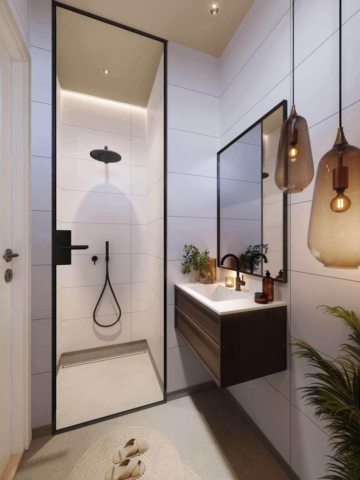 Modern bathroom with black-framed shower, dark wood vanity, hanging lights, and white walls.