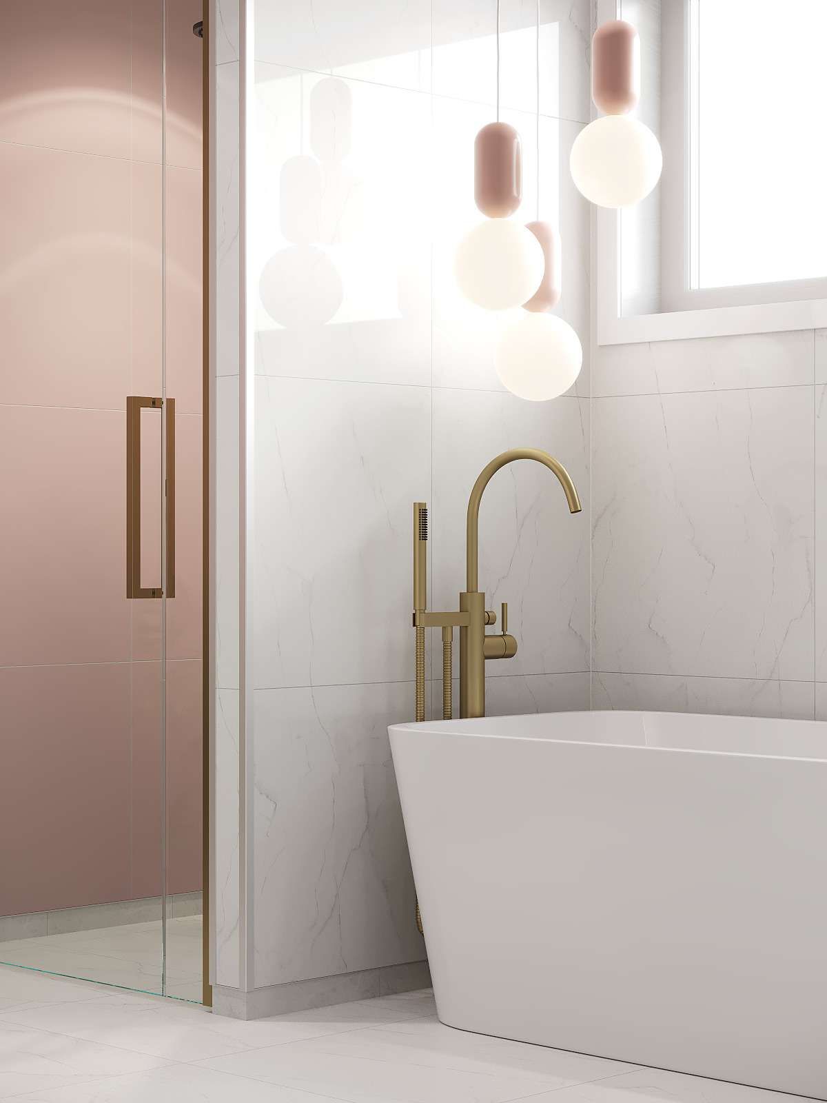 Modern bathroom with a white tub, gold faucet, and pink shower.