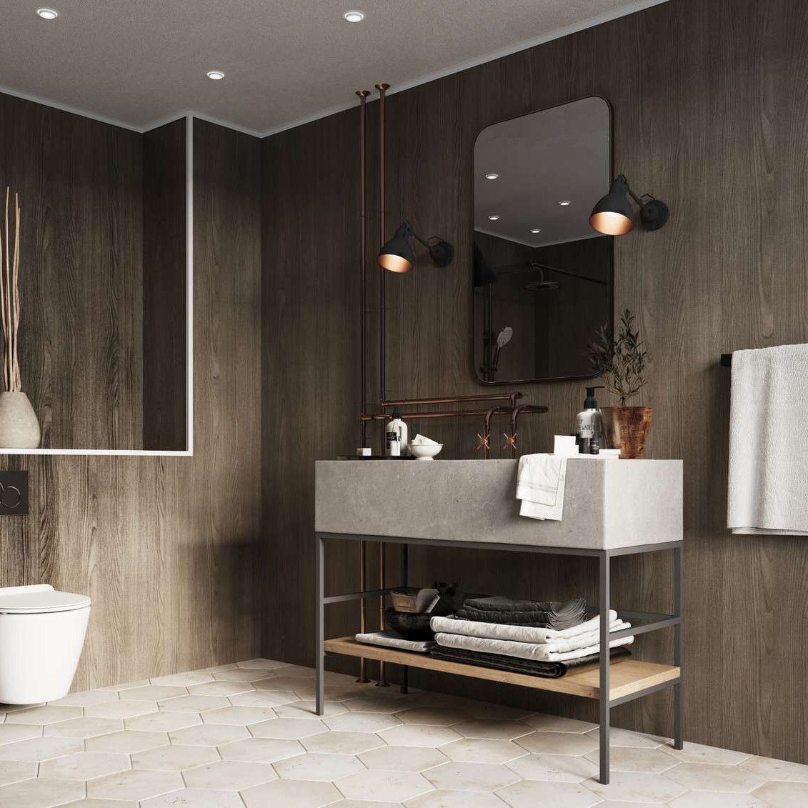 Modern bathroom with wooden walls, concrete sink, and a black-framed mirror.