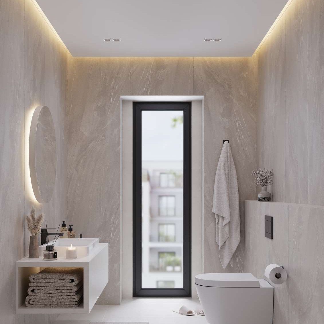 Modern bathroom with floating sink, toilet, and window. Beige and white tones, soft lighting.