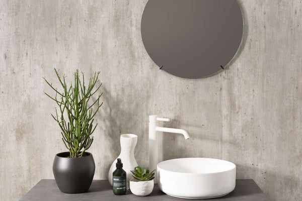 Bathroom vanity with round mirror, white sink, faucet, potted plant, and decor against gray wall.