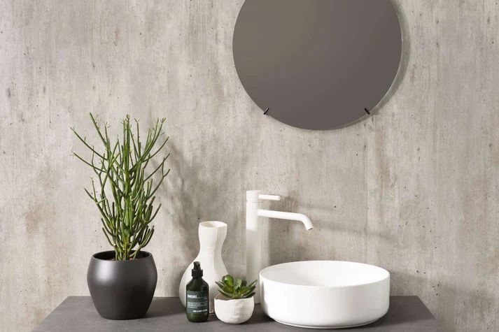 Bathroom vanity with a round mirror, white sink, faucet, plants, and black pot against a grey textured wall.