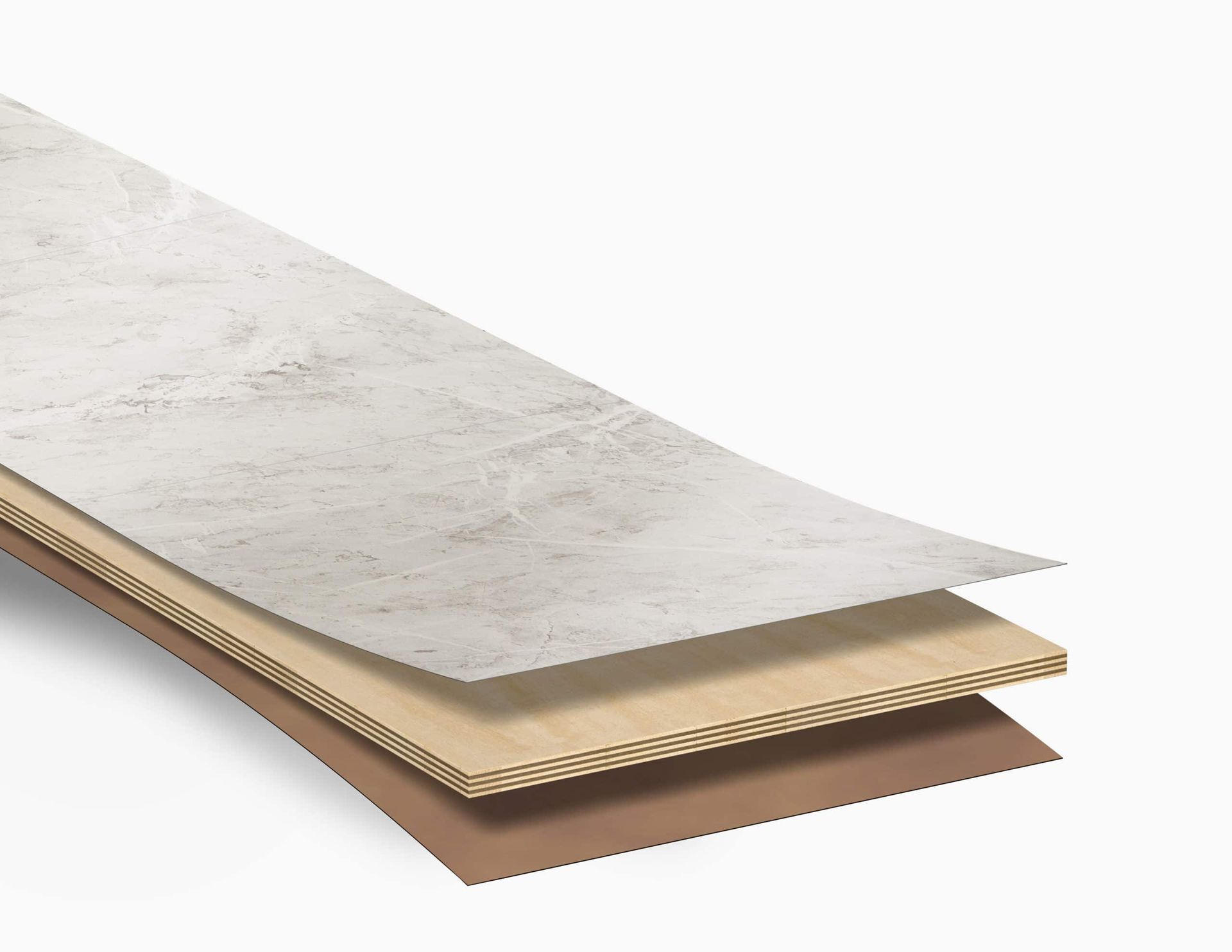 Cross-section of layered flooring sample: light beige top layer, tan middle, and brown bottom.