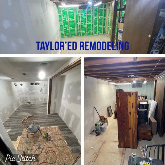 A collage of pictures of a basement being remodeled by taylor ed remodeling