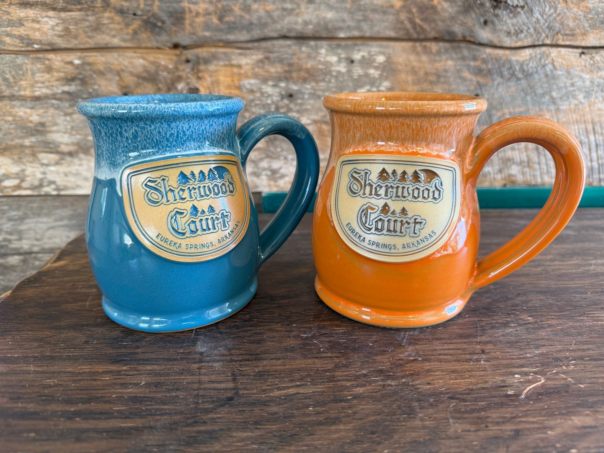 Sherwood Court Coffee Mugs in Orange and Blue, Deneen Pottery
