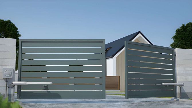 Grey modern horizontal slat automated driveway gate opening.