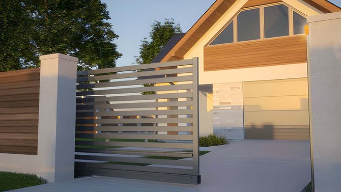 Modern grey horizontal slat sliding gate for a residence.