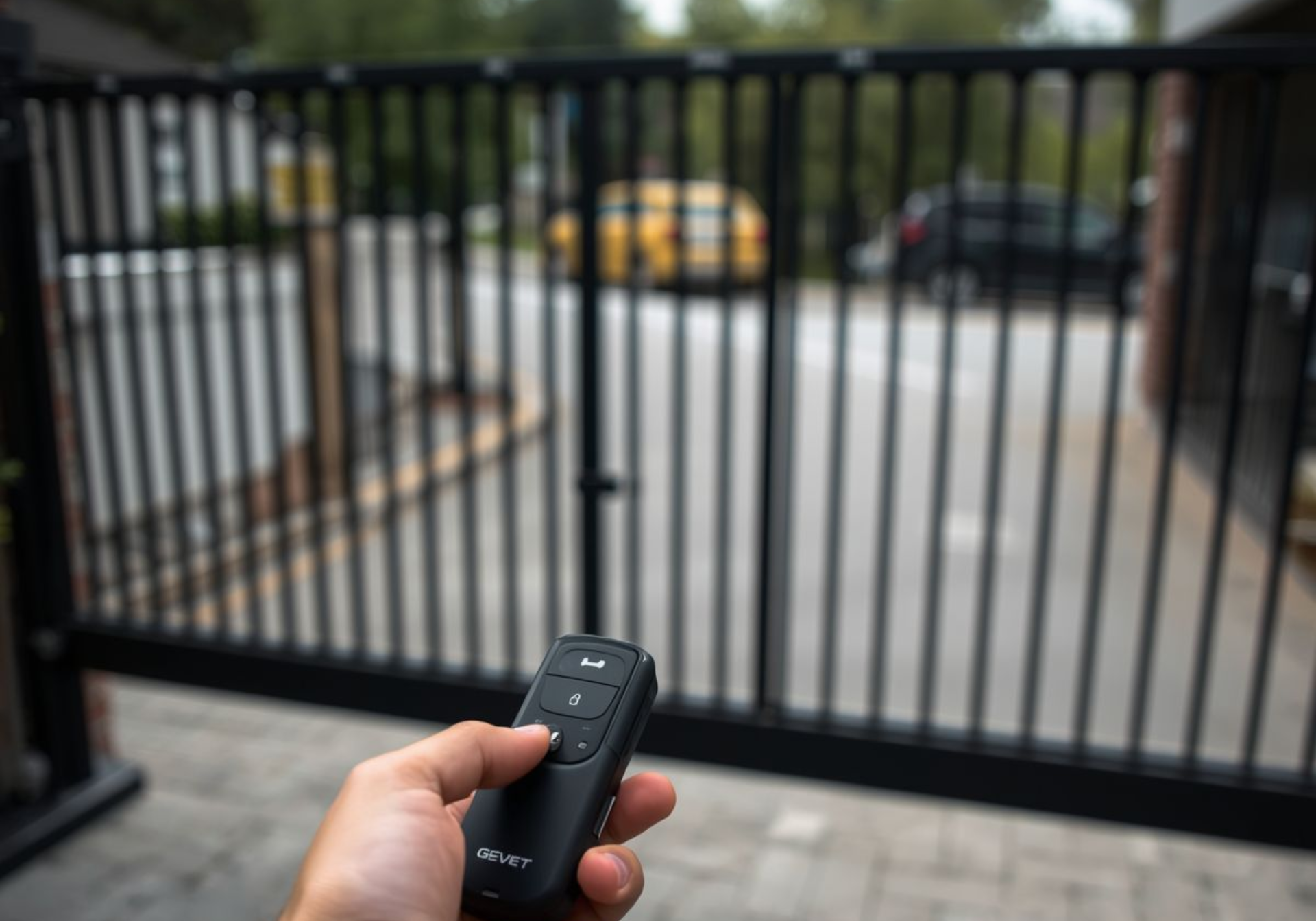 Hand holding a remote control in front of an automatic gate.