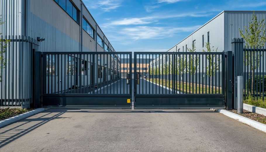 Automatic black steel security gate at a commercial facility.