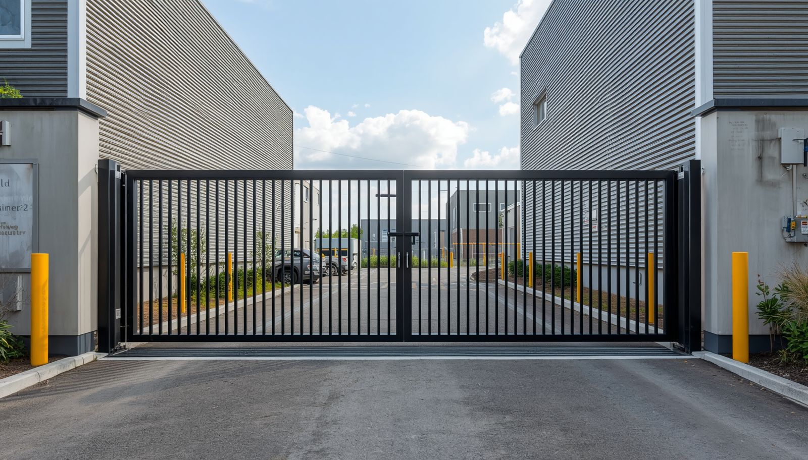 Black automatic vertical bar gate for a commercial property.