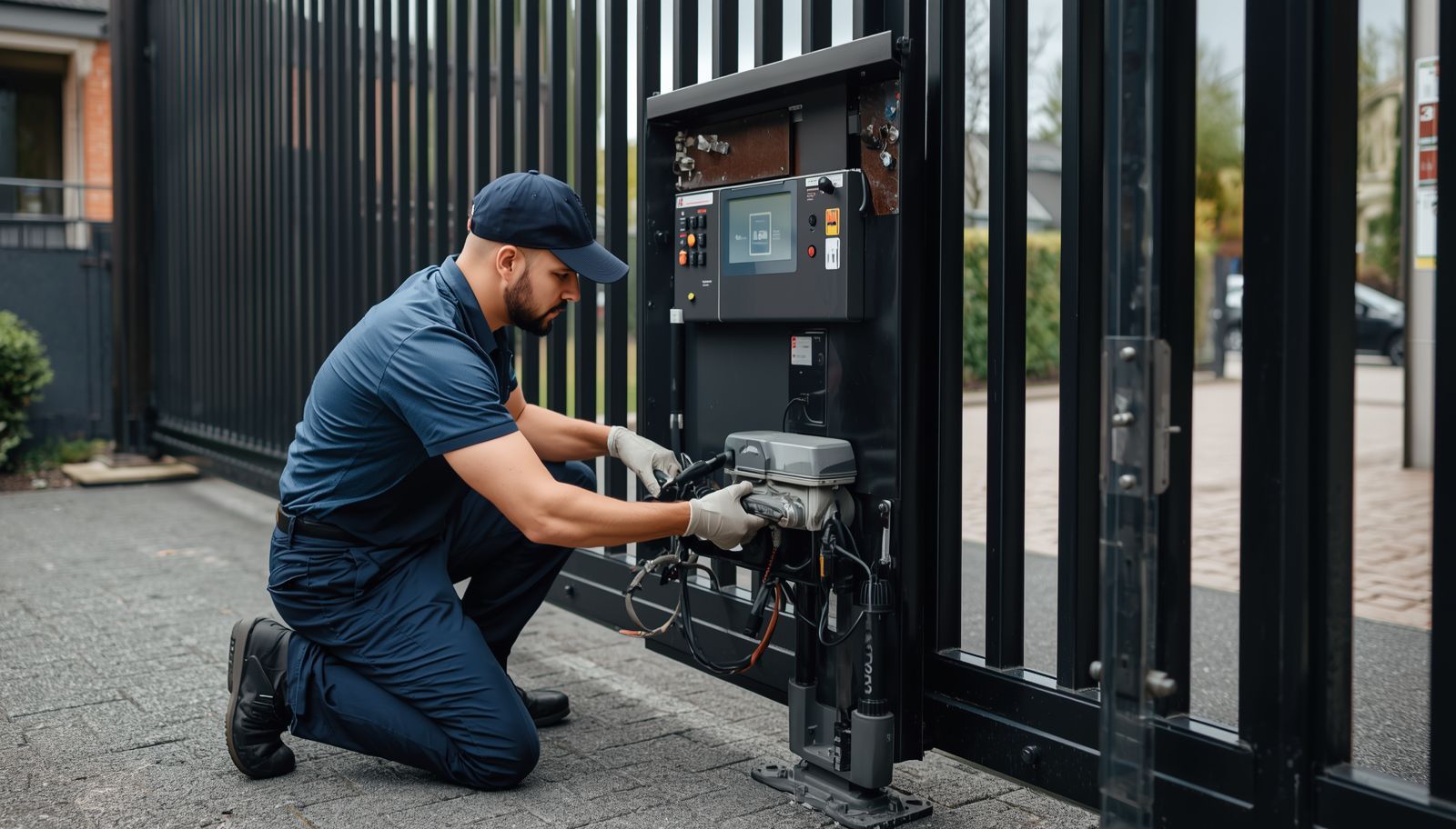 Technician repairing the motor box of an automatic gate.