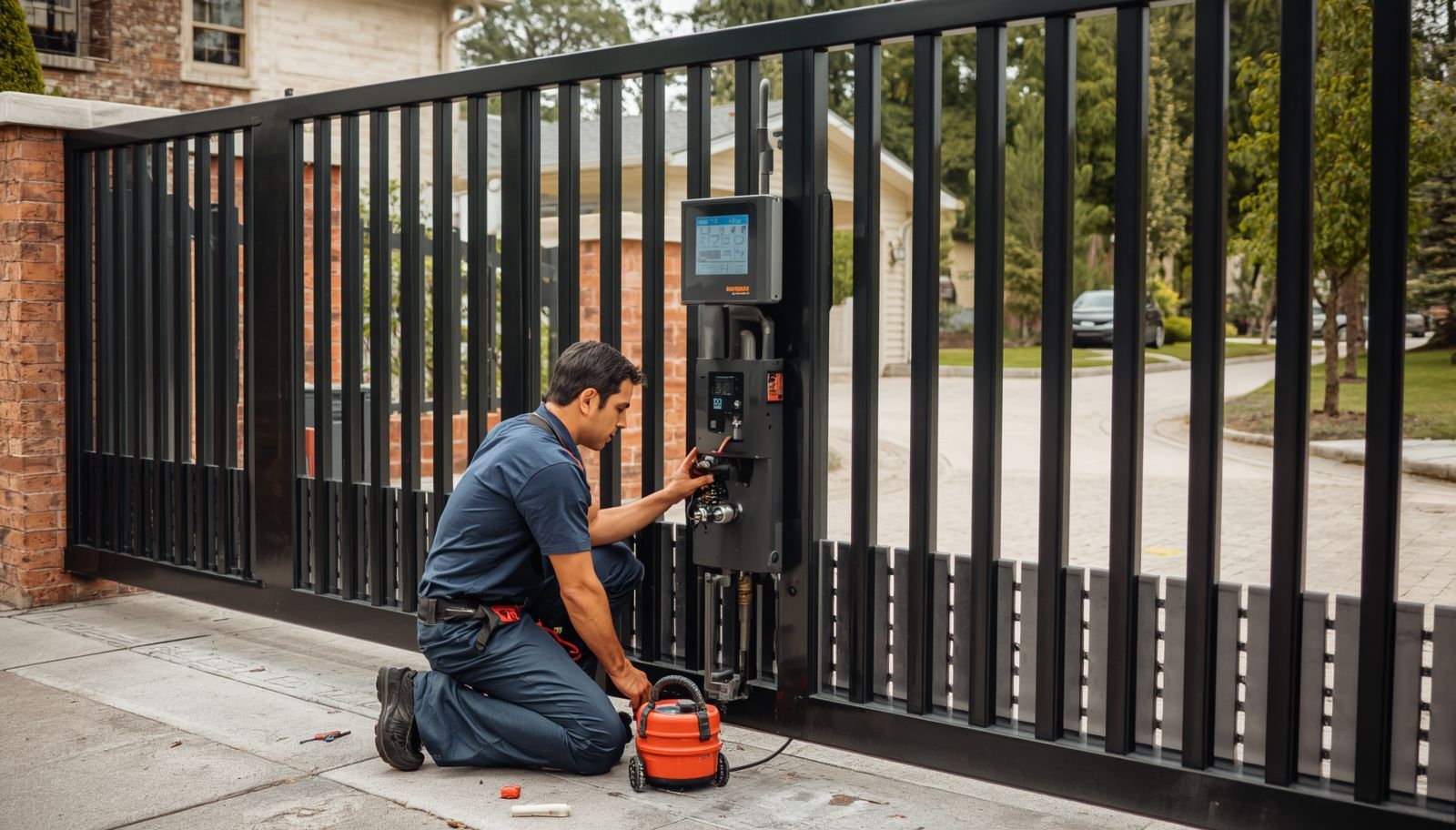 Technician servicing an automated sliding gate control panel.