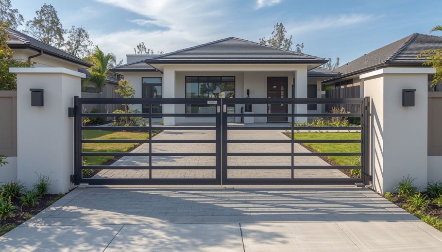 Automated black metal driveway gate for a modern home