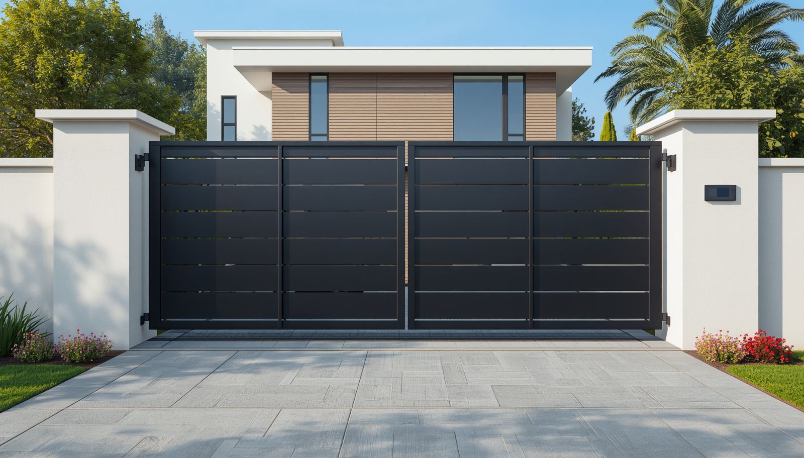 Modern black automated driveway gate for a luxury home.