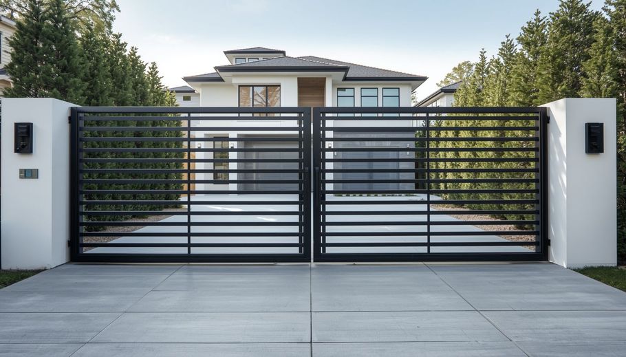 Modern black horizontal slat automated double driveway gate.