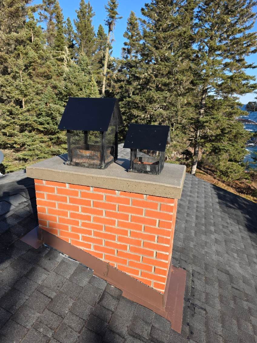 Brick chimney with black metal chimney caps on a dark shingle roof, with trees and water in the background.