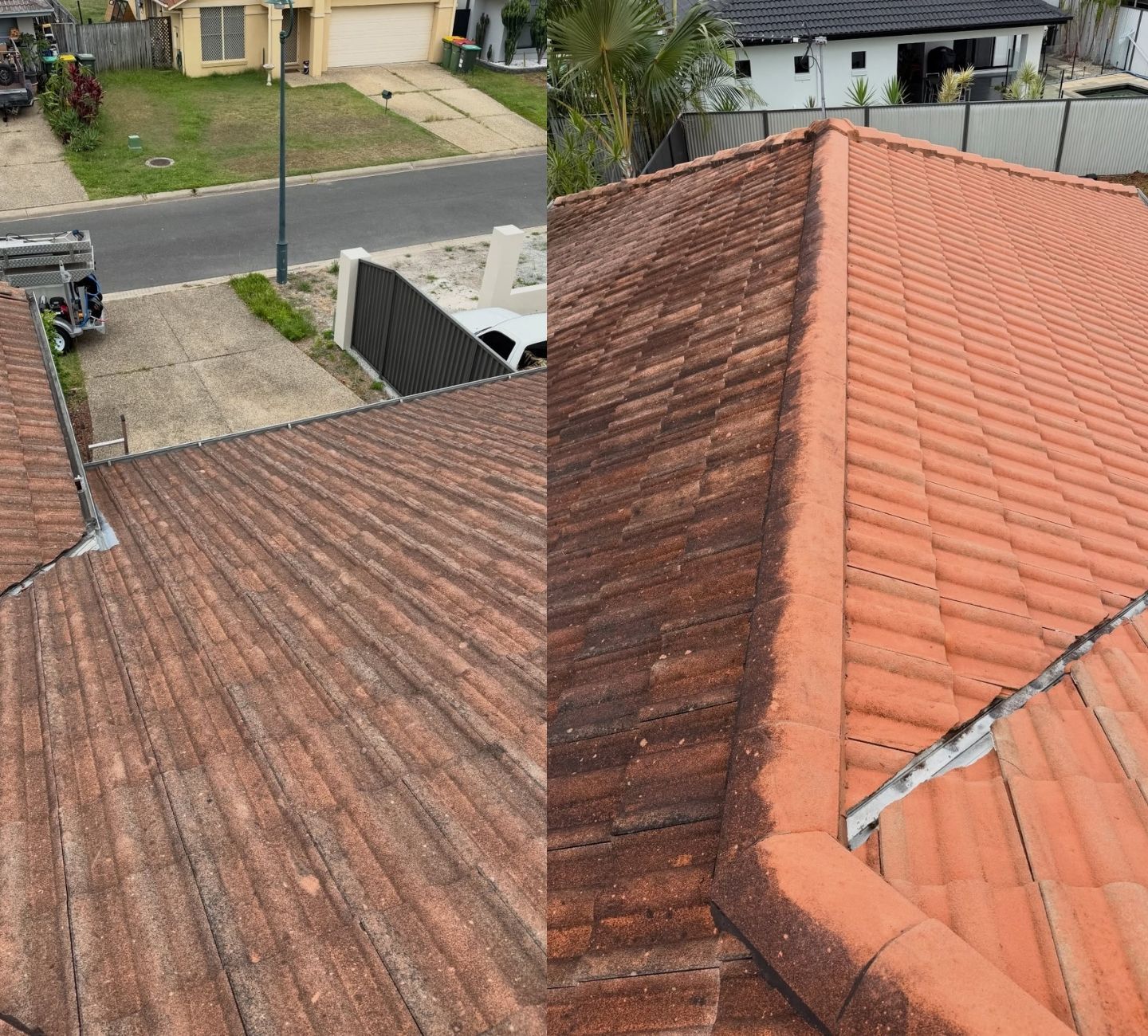 Two Images Side-by-side Show a Red Tile Roof — Coastal Pressure Solutions in Oxenford, QLD