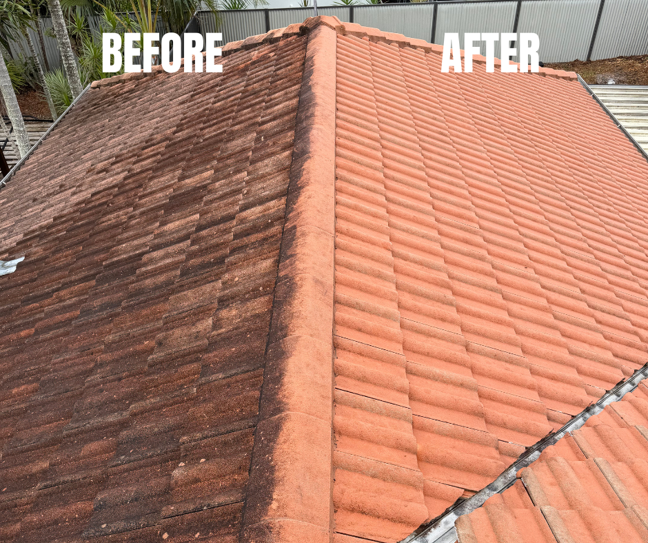 A Split-screen Comparison of a Tiled Roof Showing Dirty and Clean — Coastal Pressure Solutions in Oxenford, QLD
