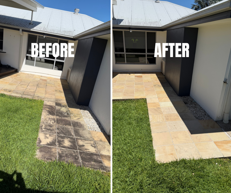 Before and After View of a Patio Cleaning Project — Coastal Pressure Solutions in Oxenford, QLD