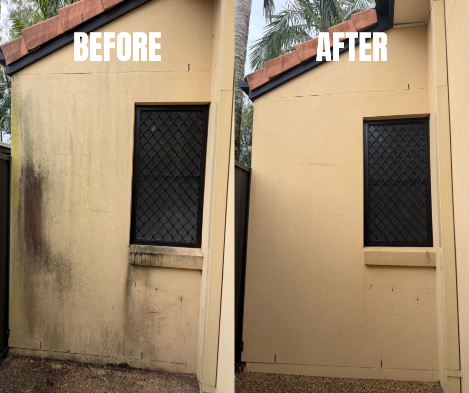 Before-and-After Comparison of a Beige Stucco Wall — Coastal Pressure Solutions in Oxenford, QLD