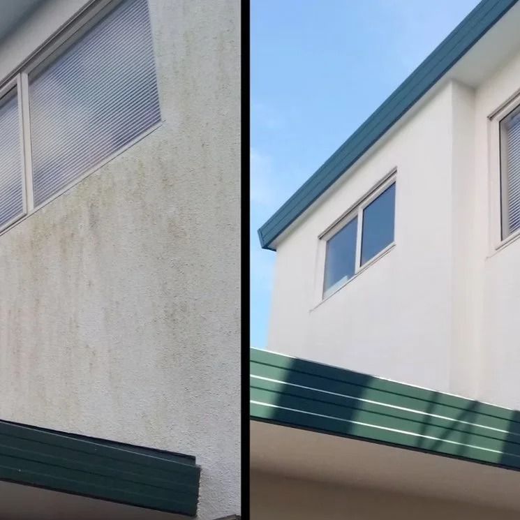Before and After, a Side-by-side Comparison of a Building Exterior — Coastal Pressure Solutions in Oxenford, QLD
